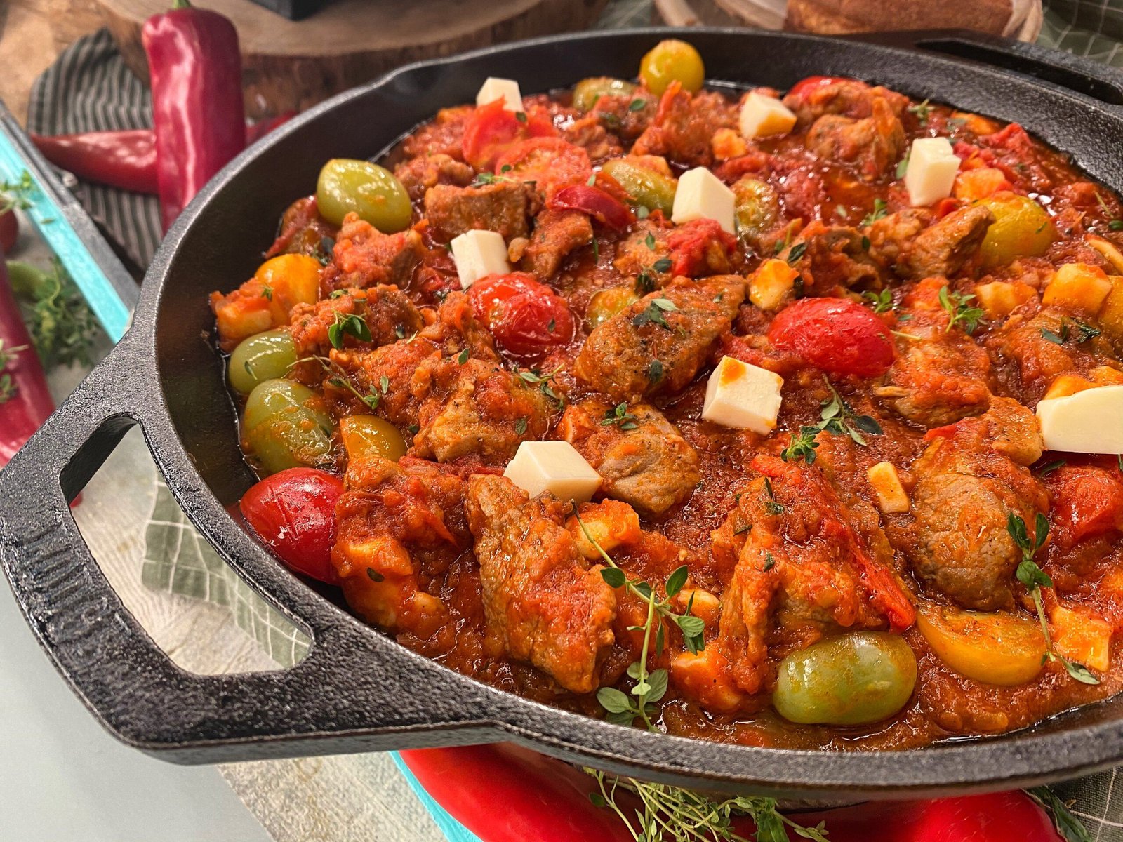 Κοκκινιστή Χοιρινή Τηγανιά με Τσίπουρο και Ταλαγάνι