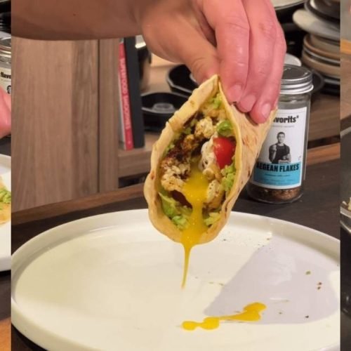 Brunch με αυγά φέτα και τορτίγια σε πιάτο