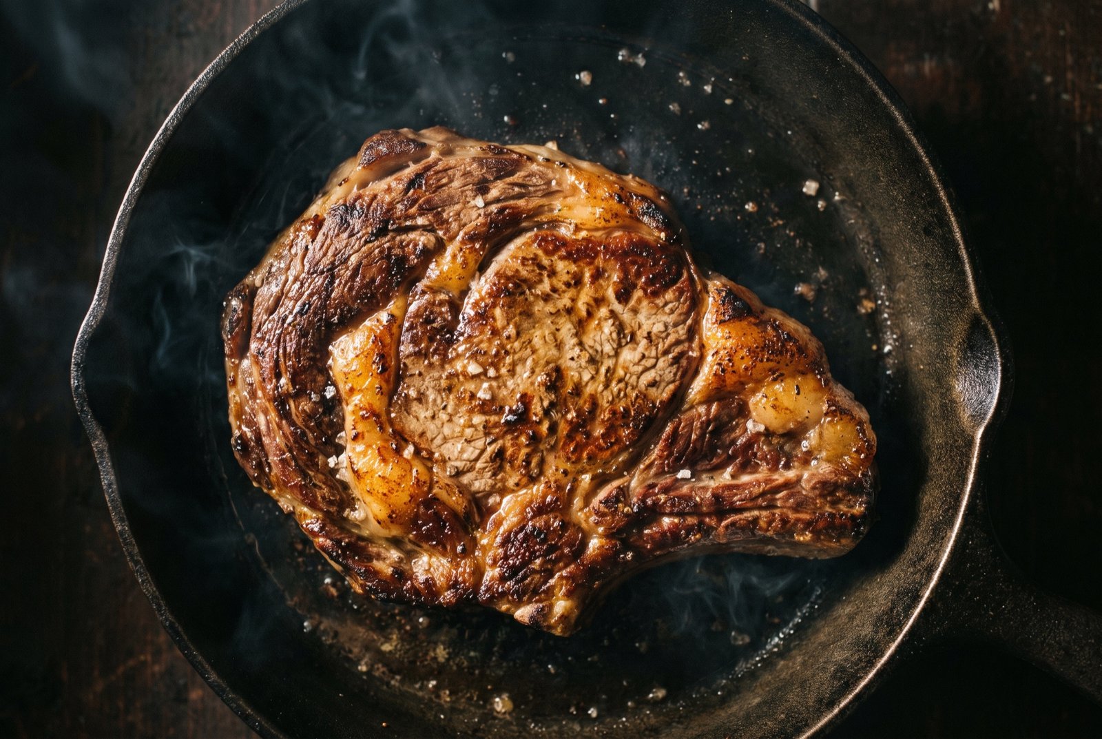 Αντίδραση Maillard: μπριζόλα που ροδίζει σε καυτό μαντεμένιο τηγάνι με βαθιά κρούστα