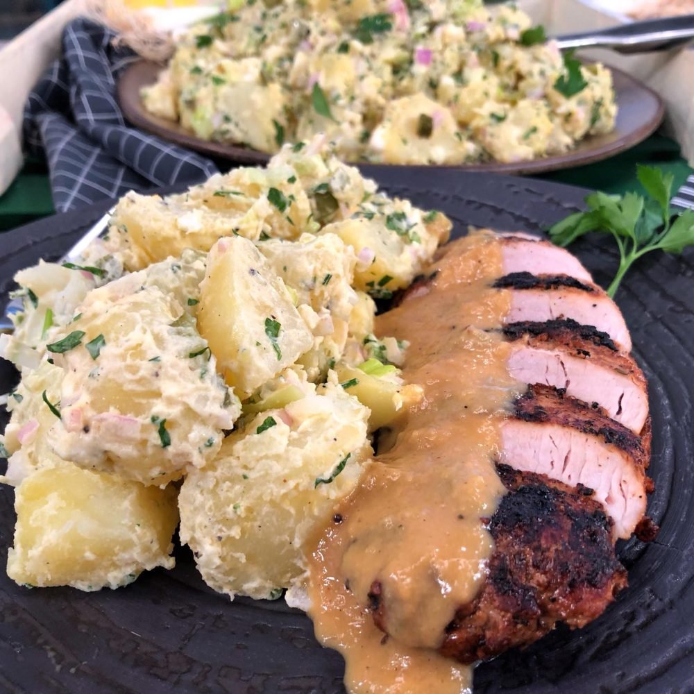 Ψαρονέφρι με πατατοσαλάτα και σάλτσα μουστάρδας