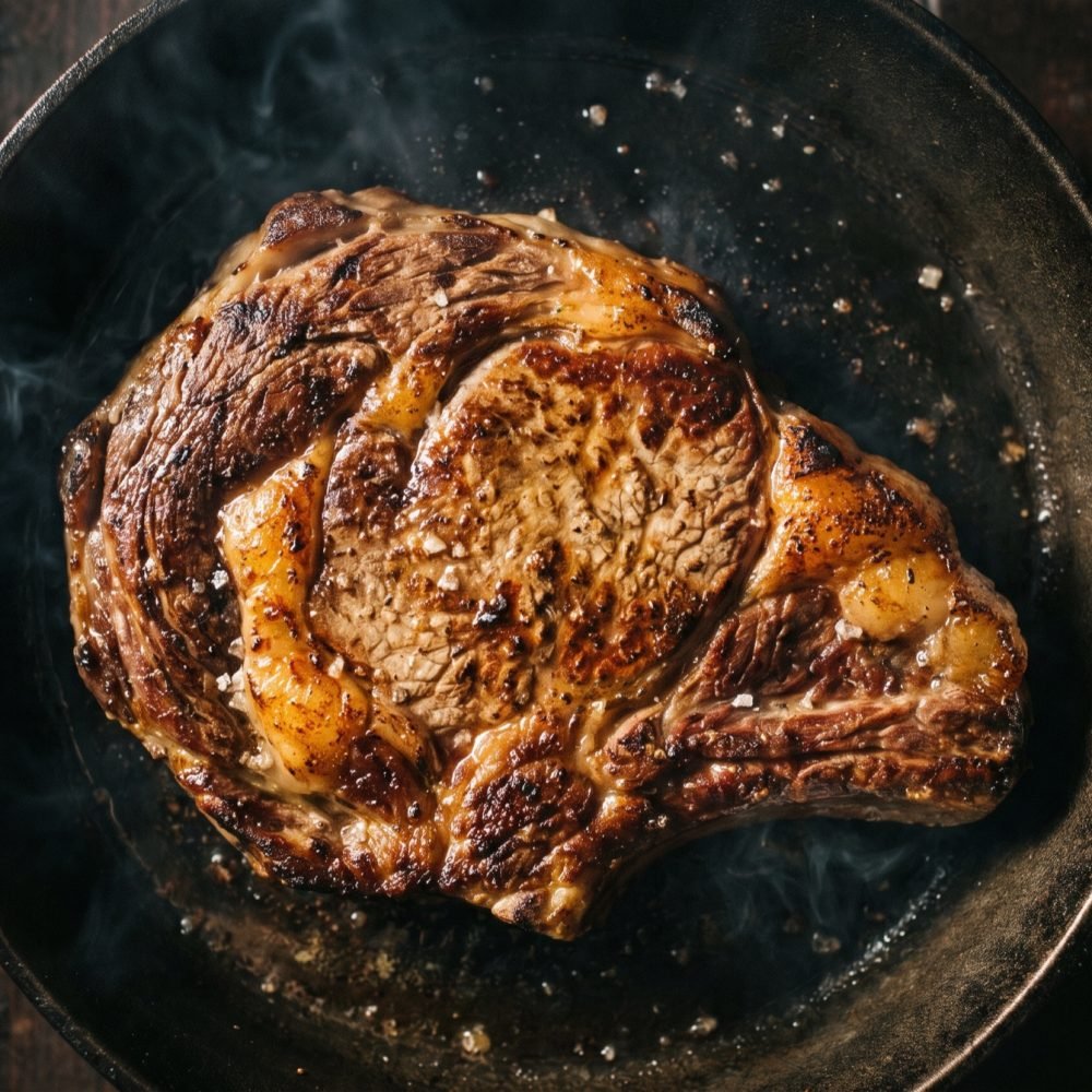 Αντίδραση Maillard: μπριζόλα που ροδίζει σε καυτό μαντεμένιο τηγάνι με βαθιά κρούστα