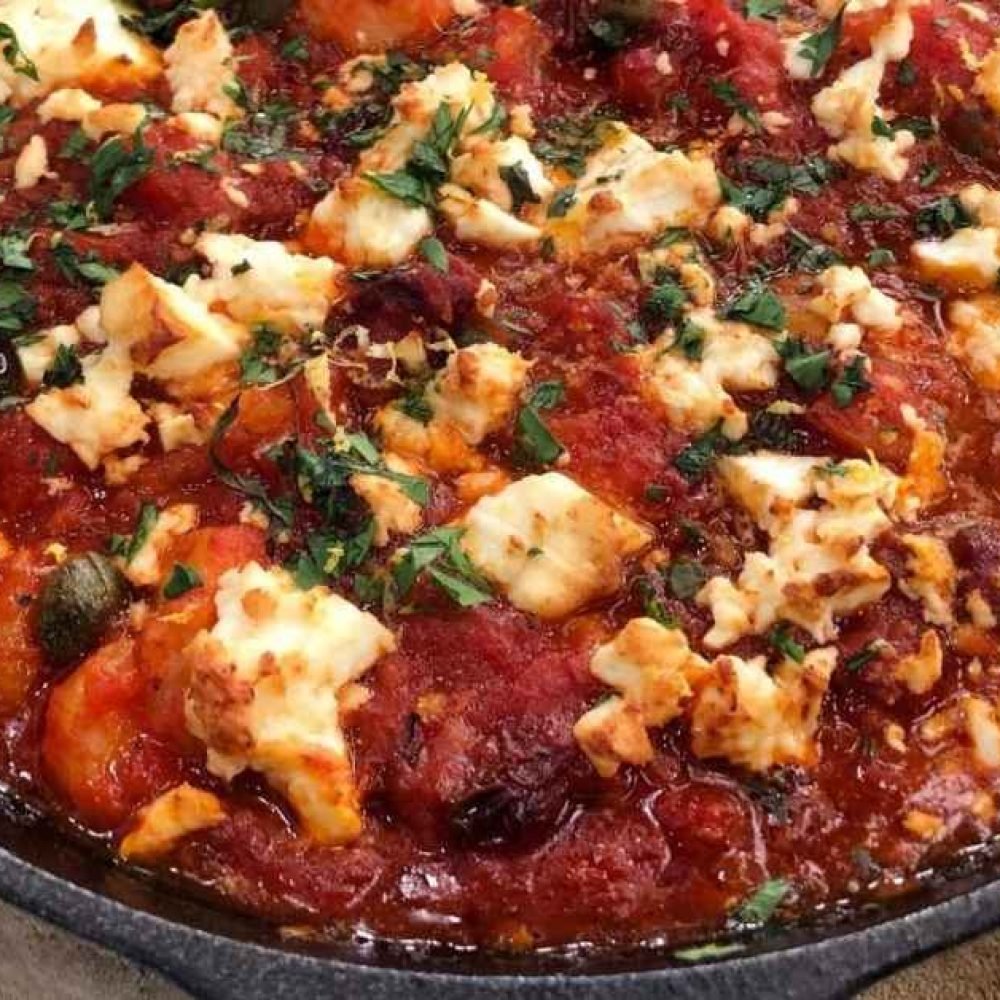 Ζεστό σαγανάκι με γαρίδες, φέτα και άνηθο